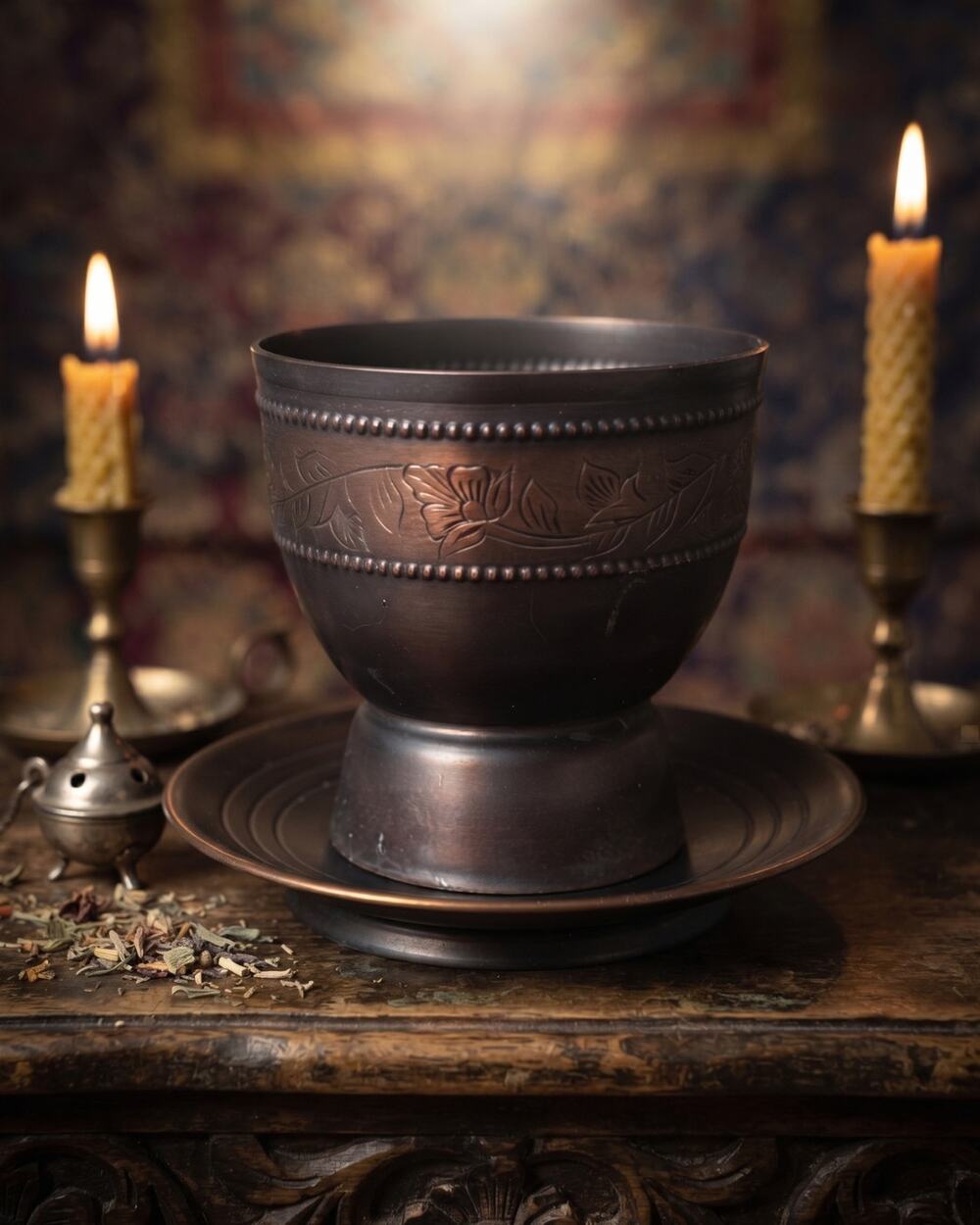 Vintage Embossed Copper Chalice & Saucer Set – Floral & Beaded Pedestal Goblet